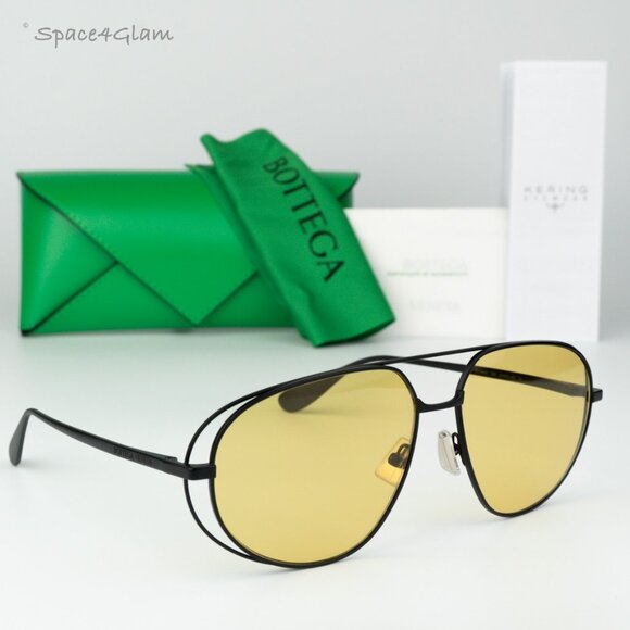 BRAND NEW Bottega Veneta BV1344S 002 Black Yellow Pilot Unisex Sunglasses